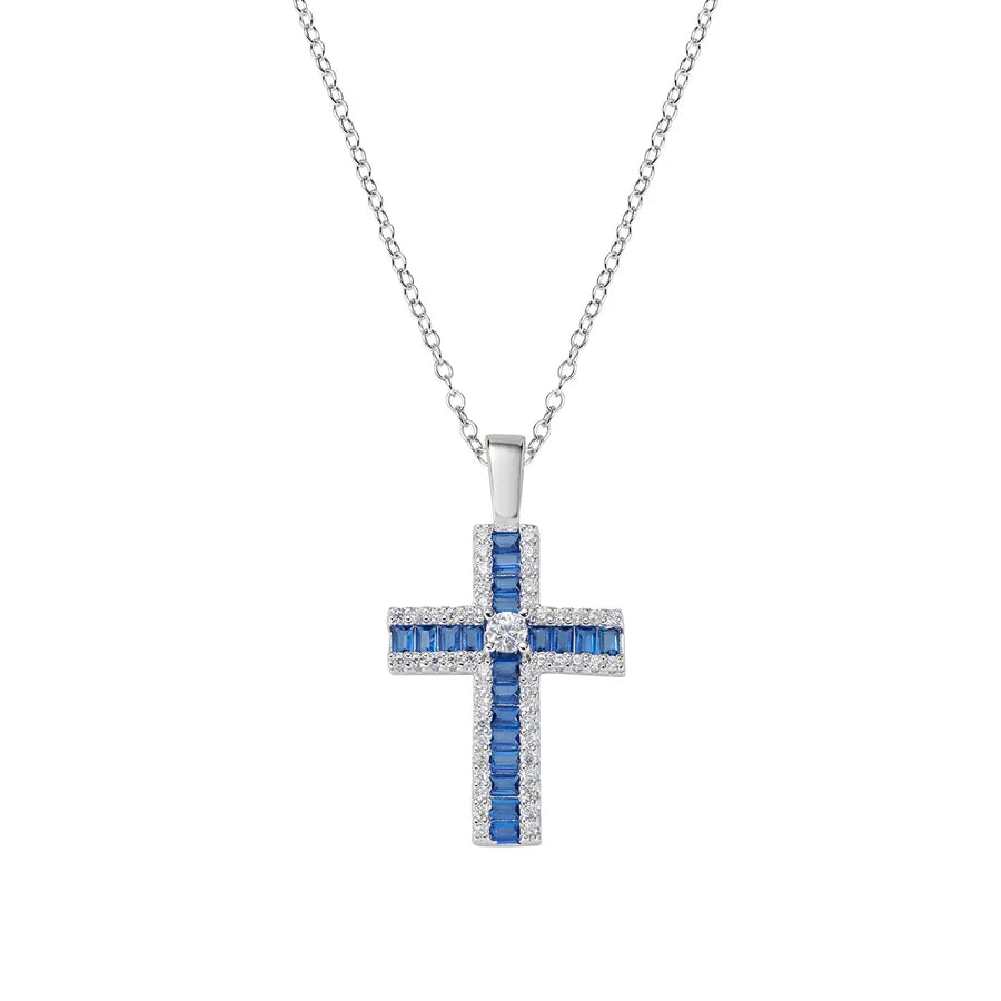 Collana AMEN con Croce di Zirconi Blu Baguette e Bianchi