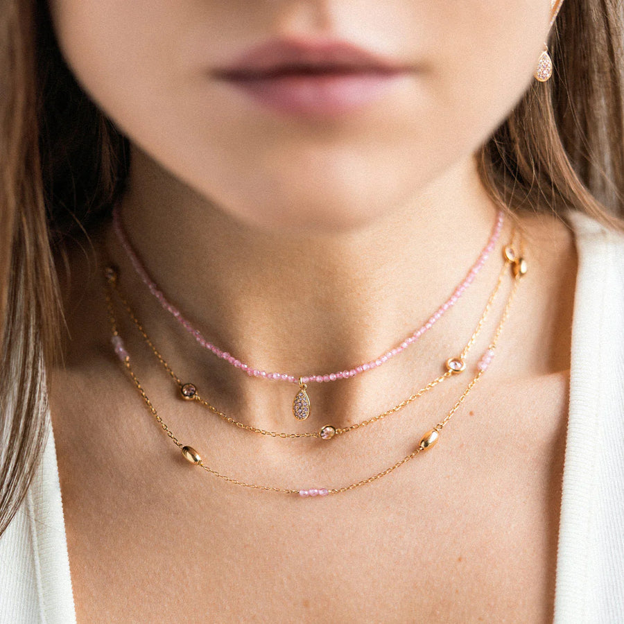 Girocollo Rue des Mille filo di zirconi rosa e pendant drop GRZ-014M2AU