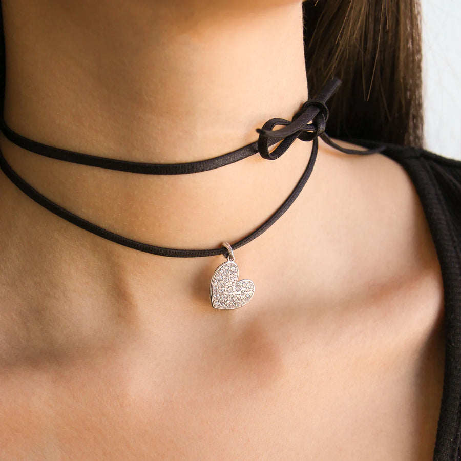 Collana donna con filo nero e cuore pavè oversized CNZ-018 M1 CUO AU